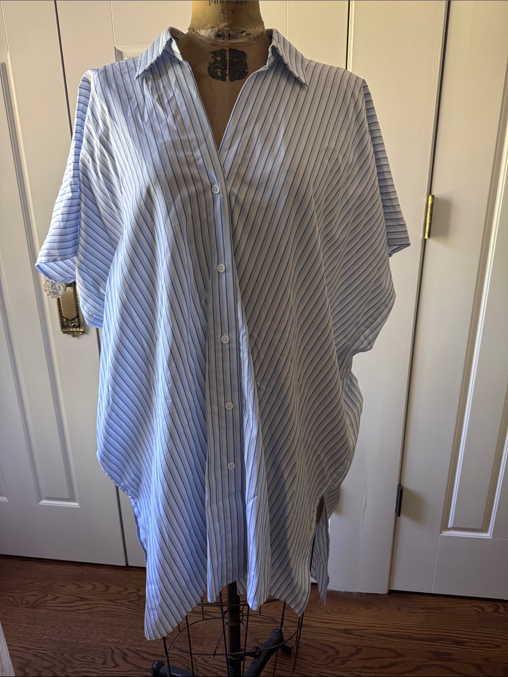 Light Blue Striped Button-Down Shirt Dress